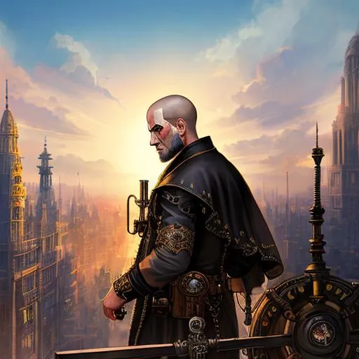 Prompt: Steampunk , Punisher as monk , highly detailed , skull crest , dynamic , concept art , lots of  dim colours , sharp focus , full body, city background , symmetrical , infographic.