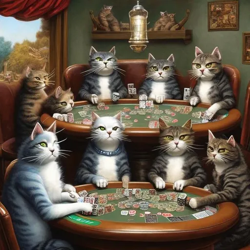 Prompt: A group of cats playing poker 