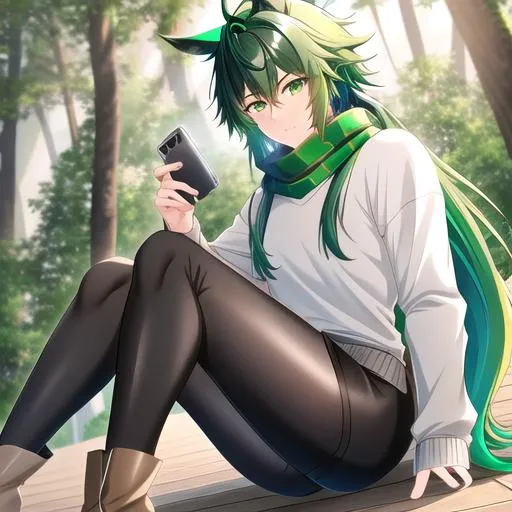 Prompt: Male. masculine build. human animatronic hybrid, with focused emerald eyes. Emerald colored feathery PEGASUS tail. Short dark Green ombre hair. horse ears. adult He wears grey comfy leggings, a white oversized sweater, brown boots. And a green scarf. Anime style. UHD, HD, 4K. In the forest.