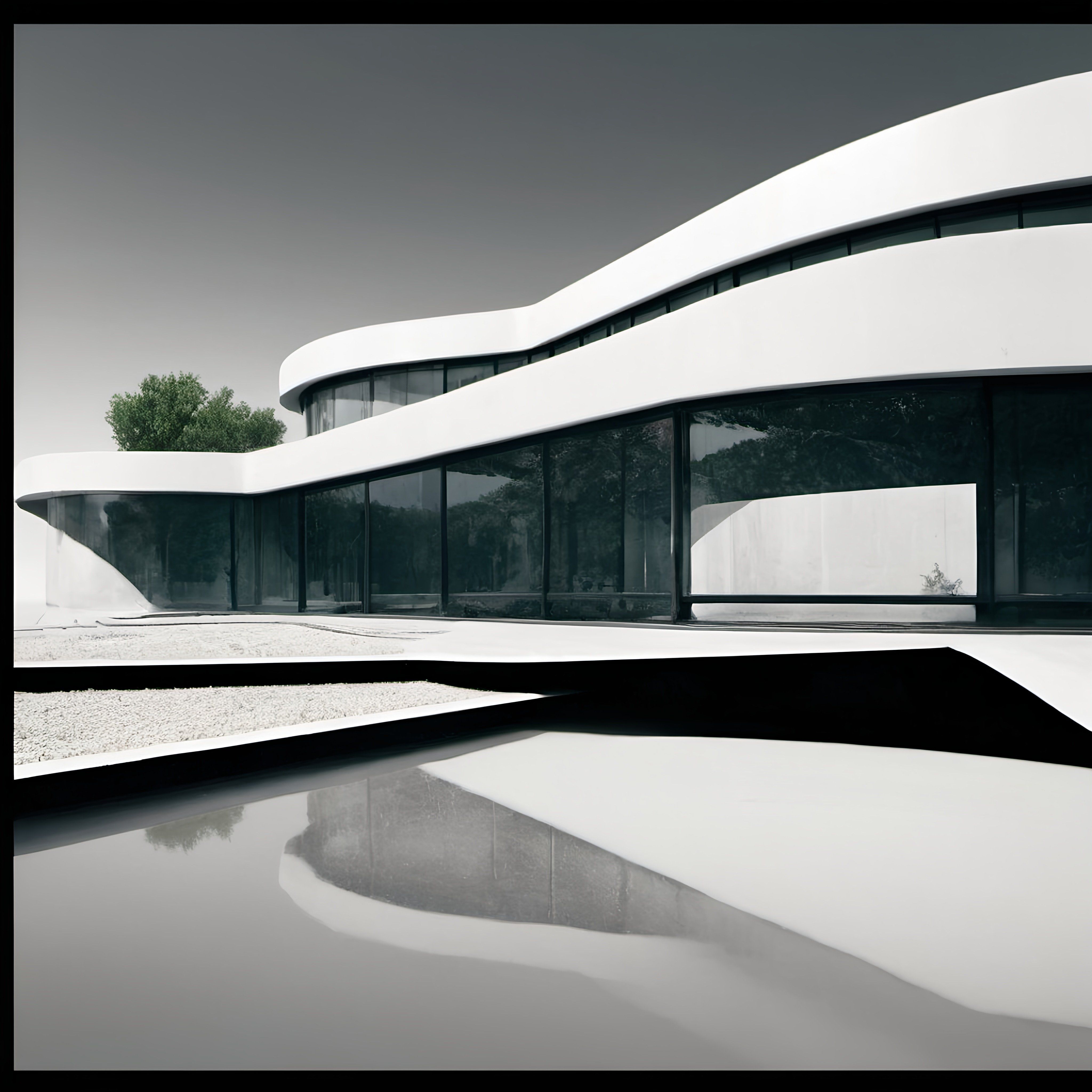 Prompt: a black and white photo of a building with a pool in front of it and a tree in the background, deconstructivism, vray render