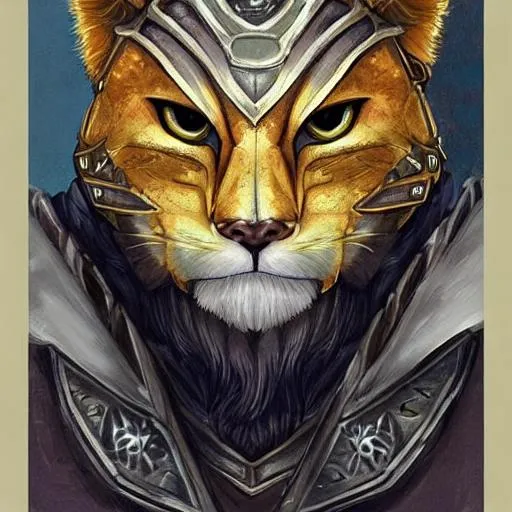 Prompt: full face and upper body DnD detailed art portrait of a tabaxi, lionin, paladin in golden plate armor