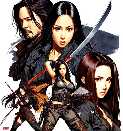 Prompt: 3 people (((Yoji Shinkawa))), sticker of ultra detailed portrait of Aaliyah Dana Haughton + Keanu Reeves + Olivia  Munn in black ninja outfit holding sheathed katana, high quality cell shaded illustration in post apocalyptic style by Yoji Shinkawa, ((full body)), dynamic pose, perfect anatomy, centered, freedom, soul, black long hair, approach to perfection, cell shading, 4k , cinematic dramatic atmosphere, watercolor painting, global illumination, detailed and intricate environment, artstation, concept art, fluid and sharp focus, volumetric lighting, cinematic lighting, Art by Yoji Shinkawa,