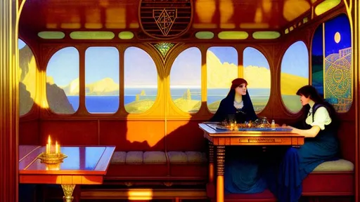 Prompt: [two point perspective][full length portrait; interior]
seated across the rune-covered table of her shadowy arts-and-crafts-styled sleeper-car school bus conversion is Morgan, corpulent Oracle of Limbo, explaining your fortune in the arcane spread of antique Tarot cards laid out before you.
Alphonse Mucha, Maxfield Parrish, Edward Hopper, J C Leyendecker, N C Wyeth.