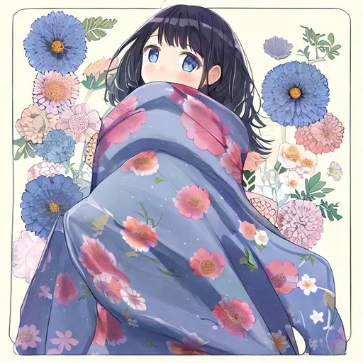 Prompt: girl wrapped in blanket of the world flowers growing around her adorable 