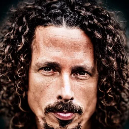 Prompt: photo realistic portrait of {Chris Cornell}, centered in frame, facing camera, symmetrical face, ideal human, 85mm lens,f8, photography, ultra details, natural light, light background, photo, Studio lighting