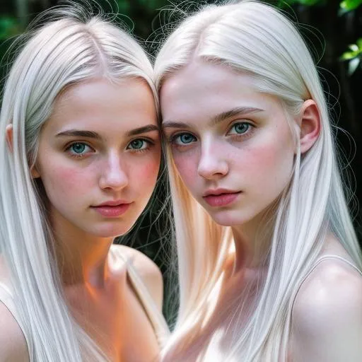 Prompt: photo realistic Two girls, white hair, blue eyes pale skin, wearing nothing,,analog filter, perfect composition, hyperrealistic, super detailed, 8k, high quality, trending art, sharp focus, intricate details, highly detailed