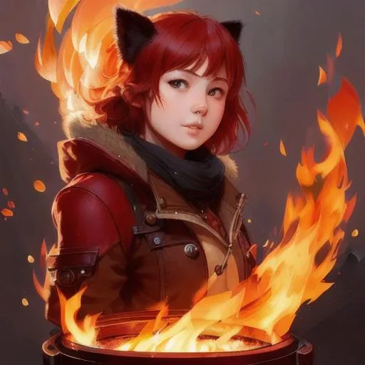 Prompt: Cute, red, fluffy, fire puppy, possessing the element of fire and making circles of fire
 move around in the air in a magical way. Perfect features, extremely detailed, realistic. Krenz Cushart + loish +gaston bussiere +craig mullins, j. c. leyendecker +Artgerm.