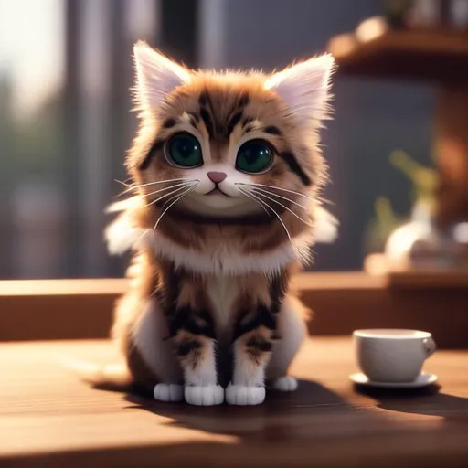 Prompt: A cat sitting on a table drinking coffee realistic cute fluffy very cute and chibi eyes calm lighting