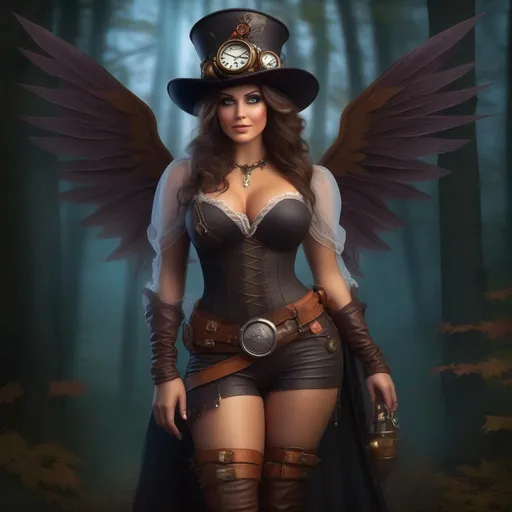 Prompt: Wide angle. Whole body showing. Hyper realistic, Detailed Illustration. Photo realistic. A beautiful, buxom woman with broad hips. extremely colorful, bright eyes,  standing in a forest by a sleepy town. Shes a Steam Punk style witch, a Winged fairy, with a skimpy, very sheer, gossamer, flowing outfit. On a colorful, Halloween night. 