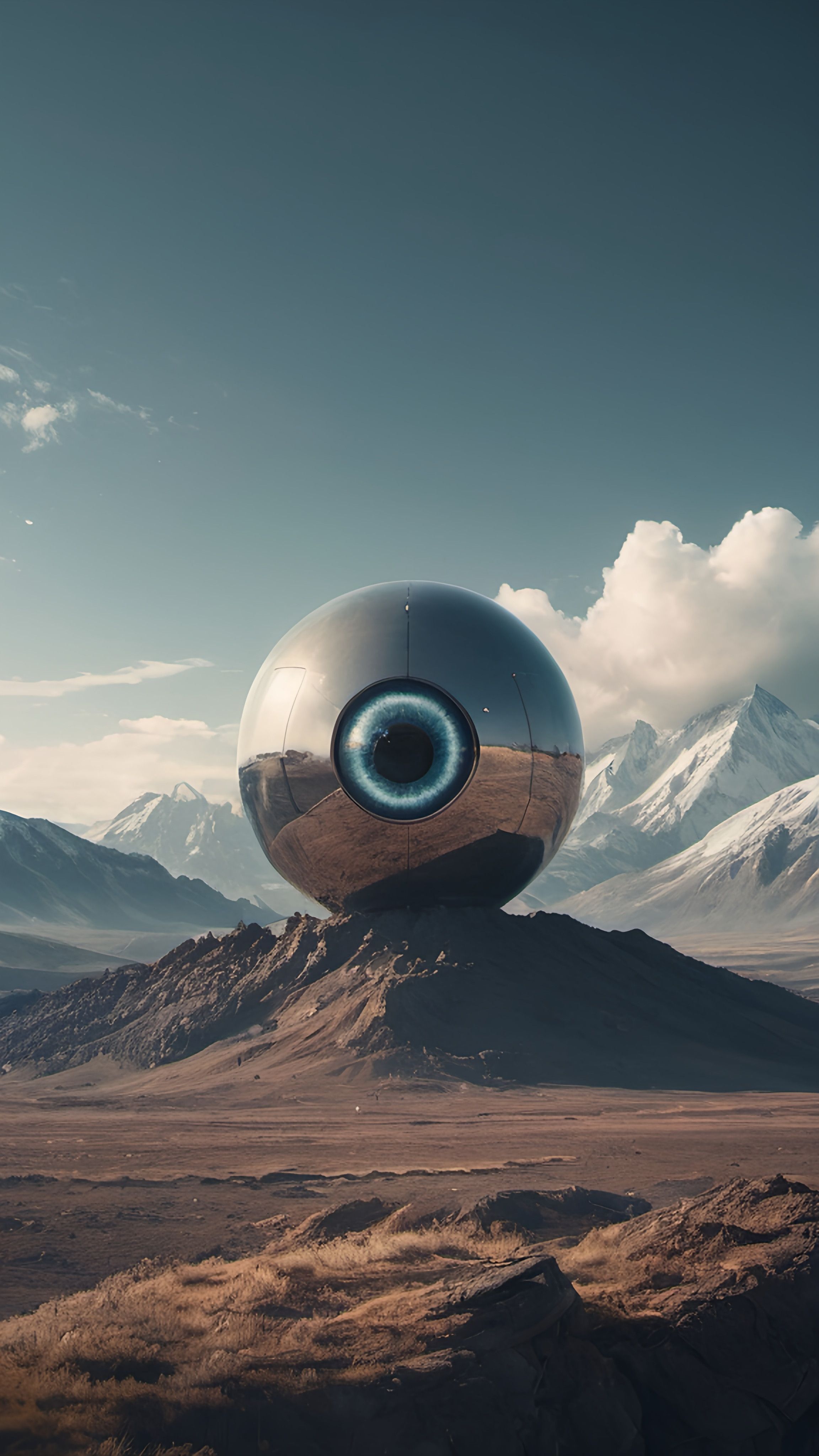 Prompt: a futuristic looking object with a large eye on top of it in the middle of a desert landscape with mountains