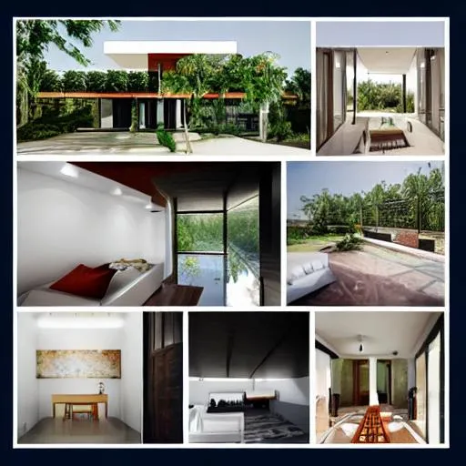 Prompt: Mood board of a sustainable Indian contemporary villa with white, brick and wooden 
color palate 