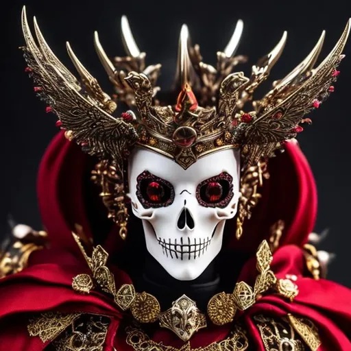 Prompt: Head of the King of bones with Burning eyes, epic armor, Crown made of small bones, long red dress