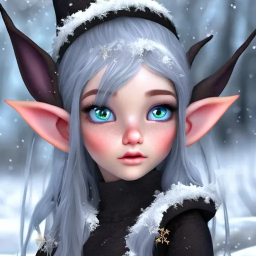 Prompt: Pretty snow elf girl black hair