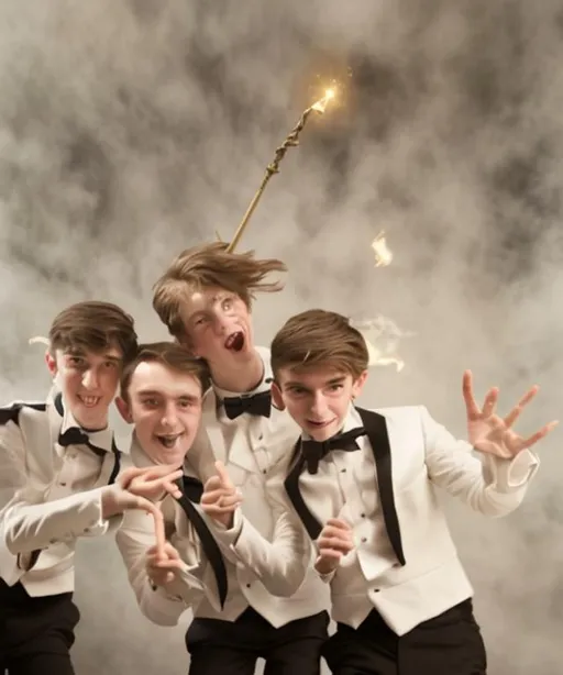 Prompt: Three 13-15 year old magic brothers in tuxedos having a bit too much fun casting magic spells together with there magic wands