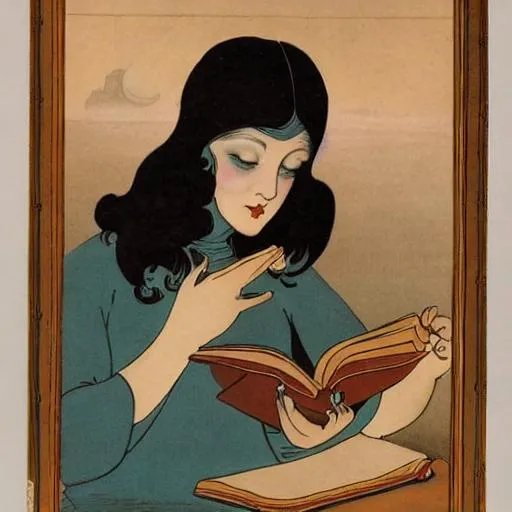 Prompt: in the style of James Jean, painting of woman reading book, Virginia Frances Sterrett, floating candle lights