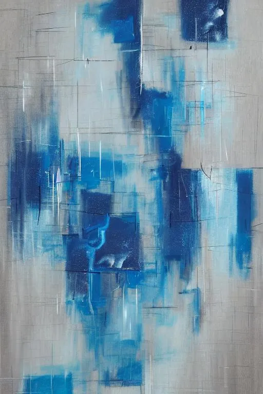 Prompt: an evenly lit abstract painting on canvas, color matching for home, dusty blue, dusty cyan, blue color, cool shades of deep blue, denim blue color, denim color, grey blue, palette for winter, shades of blue, shades of gray-blue, wood color, wooden color, fractal, irregular, abstract expressionism, detailed painting, oil acrylic ink on canvas, mixed media, impasto, metaphysical painting, lyrical abstraction, academic art, fine art, contemporary art+frame, border, wall, canvas, paper