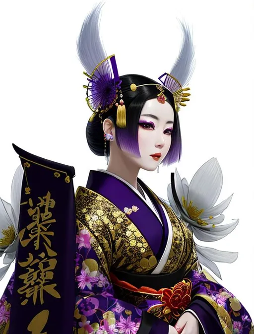 Prompt: High quality portrait of a Japanese Oiran. she is walking in a cherry blossom garden, She has lightly colored pale skin and is very beautiful. Her hair is black and is decorated with purple, silver, and gold hairpins. Her elaborate kimonos are white and purple with checkered patterns. She wears a blue spider lily on her left ear and wears a beautiful purple obi patterned with traditional Japanese mist colored white.