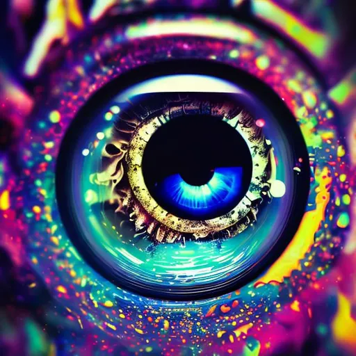 Prompt: trippy splash art, high quality, high detail, portrait, trippy macro lens eye with a skull reflection in it 