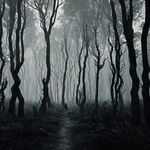 Prompt: Dark forest with menacing man standing in the distance looking back at the viewer
