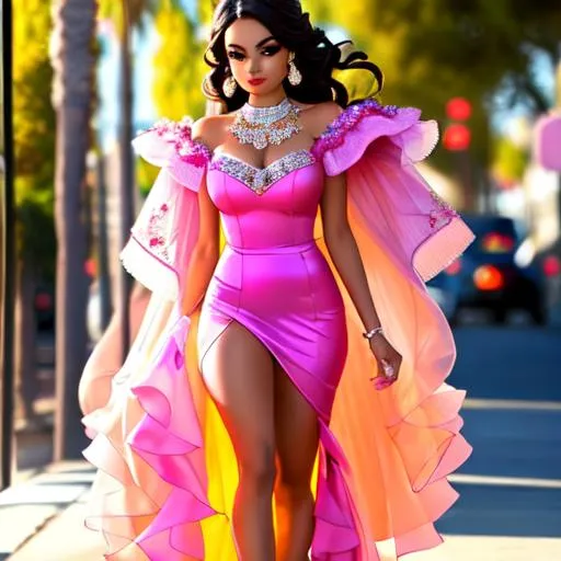 Prompt: a beautiful yasmin from bratz wearing a gown, running around los angeles