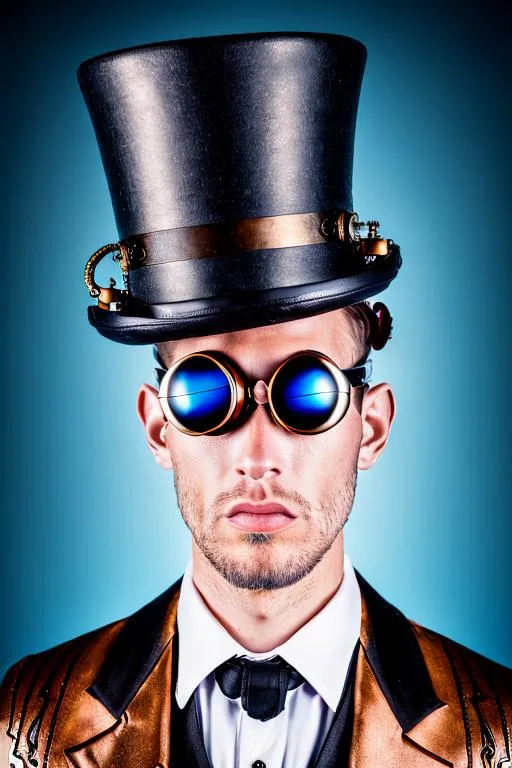 Prompt: steampunk man, top-hat and googles and suit