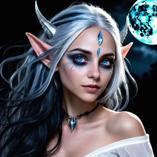 Prompt: Elara Moonshadow is an enigmatic figure with the ethereal grace of a half-elf, her pointed ears a subtle hint to her lineage. Her eyes, a piercing shade of silver-blue, seem to dance with the light of the moon, reflecting the ever-changing tides of her emotions. Her hair is a cascade of inky black tresses, streaked with silver threads that shimmer like stardust in the light, often pulled back into an elegant braid adorned with small crystals and charms that whisper ancient secrets. Her skin is pale, almost translucent, with a hint of the soft glow that comes from a life lived in the embrace of the arcane. She stands at a height of 5'10", and her slender frame is wrapped in robes of deep purple and midnight blue, intricately woven with patterns of celestial bodies and arcane symbols that pulse with a faint, otherworldly light. A silver circlet encrusted with amethyst and sapphires sits upon her brow, a gift from the elven court she left behind centuries ago. Her fingers are long and nimble, perfect for weaving the intricate gestures of her spells, and a delicate tattoo of a glowing moonflower spirals around her left wrist, a constant reminder of her deep connection to the magical world.