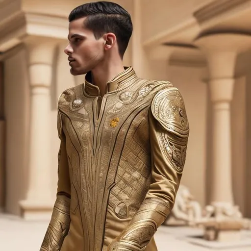 Prompt: A modern youth suit, golden color with Pharaonic engravings