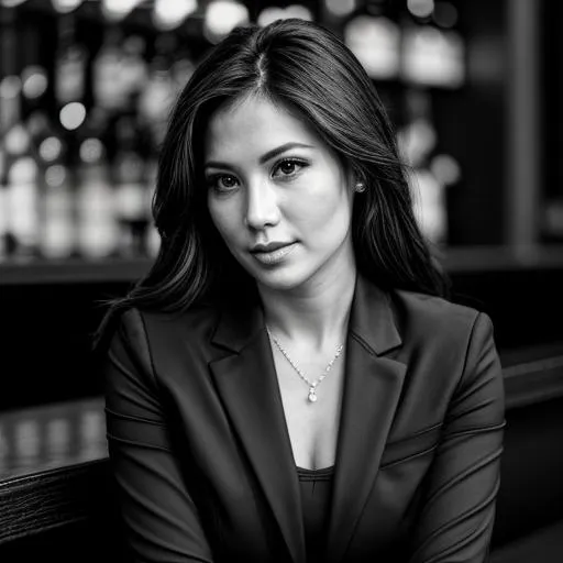 Prompt: stunning sad, beautiful woman, business attire, sitting at a lonely bar, uhd, 4k, portrait quality, black and white