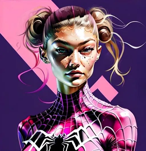 Prompt: Gigi Hadid as a spiderwoman in a pink spider suit 