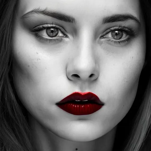 Prompt: Womans face in black and white portrait but her lips in blood red lipstick close up shot