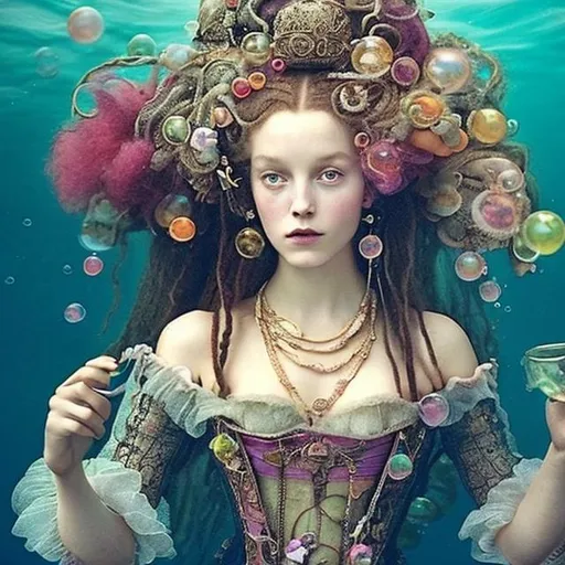 Prompt: woman in 16th century dress underwater tea party.  hair, elaborate hair, fabric, lace, bubbles. jewels, queen.  colorful.