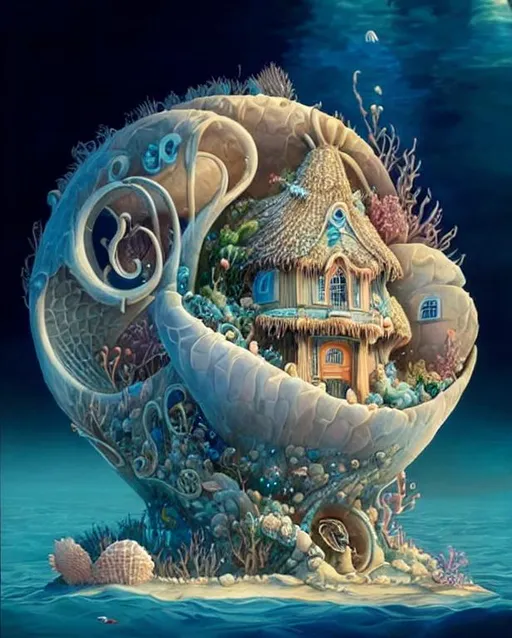 Prompt: a underwater house, made of a granulated seashell, intricate details, shimmer. art by James jean, Jacek yerka, Daniel Merriam, Dr Seuss, catherine abel.  Zbrush, vray tracing, chrome gradient colors. Highly detailed. Crispy quality.