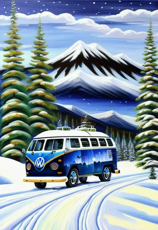 Prompt: A painting by Bob Ross, A Volkswagen bus with skis strapped to top, driving down a snowy road lined with pine trees, going towards a large scenic snow capped mountain, inspired by Monet, inspired by Bob Ross, uhd, print ready, trending on artstation, 