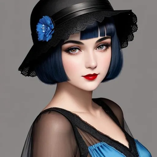 Prompt: a pretty girl  dressed in blue,  dark black hair, flapper, wearing a hat 1920's era, bob hair cut, 1920's era makeup, facial closeup