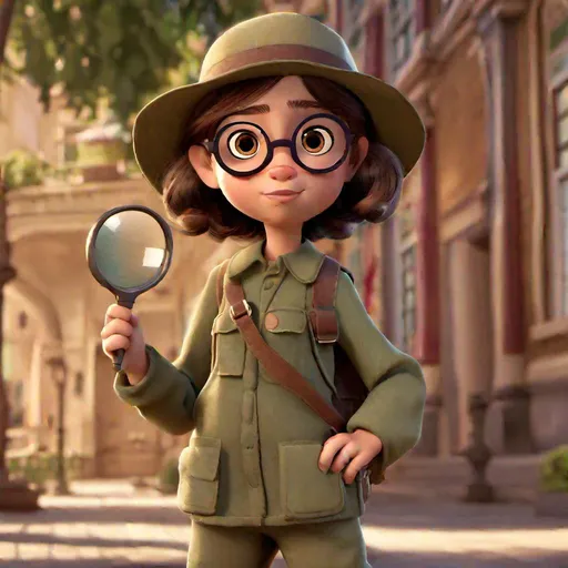 Prompt: Disney, Pixar art style, CGI, child girl, south american, long brown hair, dark thin eyes, big round glasses, wearing a 1920s khaki green explorer outfit holding a magnifying glass