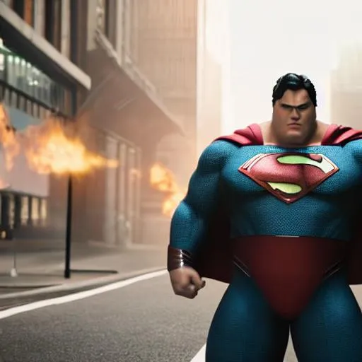 Prompt: Fat Superman with angry face , SUPER DETAILED FACE , CINEMATIC , 8K ,UHD, PHOTO STREET , ISO 10000,IMAGE RENDERING BY HIGH TECHNOLOGY VIDEO CARD, RENDERING BY HIGH GRAPHICS CARD 