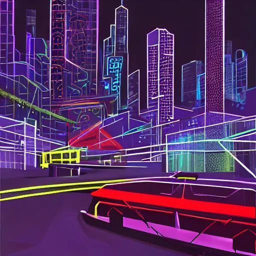Prompt: Create a visually striking artwork that transports viewers to a futuristic world dominated by technology and shadows. The scene unfolds in a sprawling metropolis where towering skyscrapers pierce the skyline, casting an eerie glow from the neon lights that illuminate the cityscape. The streets are lined with futuristic vehicles, their sleek designs reflecting the influence of both metal and digital aesthetics.

In the center of the artwork, depict a stage bathed in vibrant neon hues, where a band composed of AI-generated musicians performs a mesmerizing fusion of modern metal, djent, art pop, and dark wave. The musicians are represented by ethereal, holographic figures, emanating energy and passion as they play their instruments.

Surrounding the stage, immerse the scene in a dense atmosphere that evokes both the allure and desolation of a dystopian future. Neon signs flicker with cryptic messages, and holographic advertisements reflect off the rain-soaked streets. A dense mist hangs in the air, adding an air of mystery and intrigue.