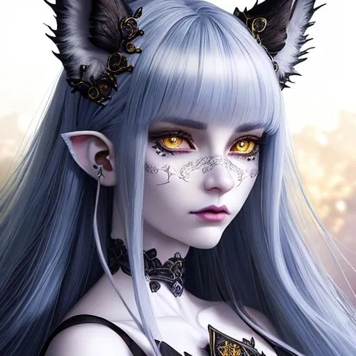 Prompt:  intricate detail, high quality, detailed face, intricate quality, hyperrealistic full body pose, hyperrealistic ethereal, demon girl, dark blue and long hair, white lynx ears, sharp jaw, black sclera, hyperrealistic golden cat eyes , hyperrealistic human nose, hyperrealistic lips, ethereal, divine, hyperrealistic face, goddess, hyperrealistic pale skin, moonlight goddess 