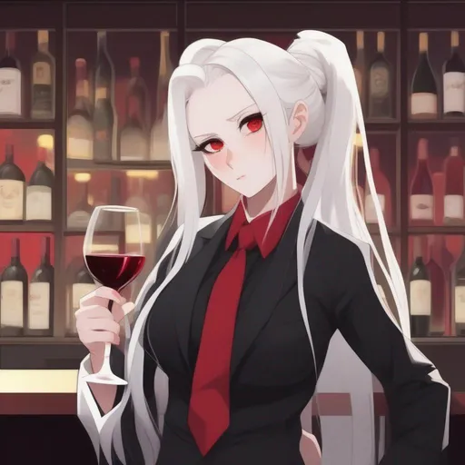 Prompt: anime style, curvy, pale girl with white long hair ending in a bun, red eyes, holding wine, wearing a black suit, red shirt, and black tie.