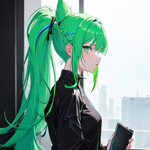 Prompt: She has a long, distinctive neon-green that fades to blue hair in a ponytail
