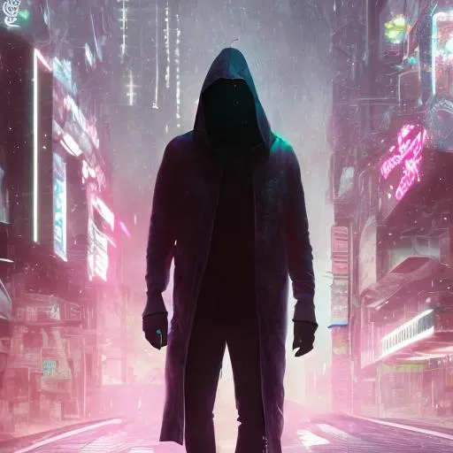 Quality, Detailed, 8k, Cyberpunk, Hooded Figure, Glo