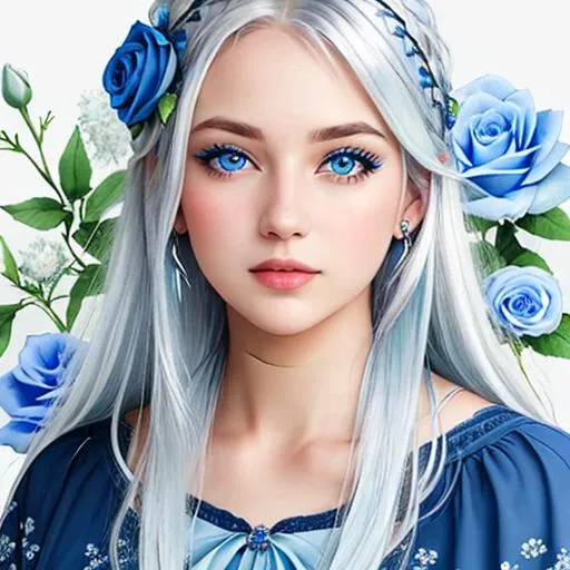 Prompt: Woman with thick silver hair, blue eyes, flowers in hair,ice blue color scheme