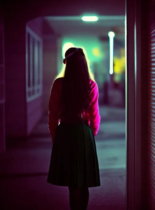 Prompt: Teenage schoolgirl, at night, 80's filter.