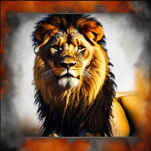 Prompt: A lion in action with black rough brushed border around frame of picture with colors, dominant in yellow and gray, add burnt orange, white highlights