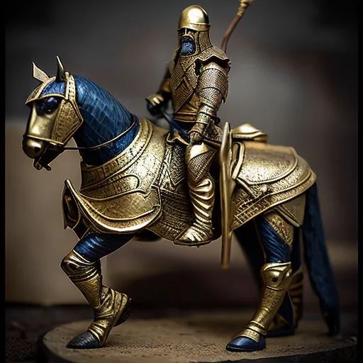 Prompt: Swift and skilled horsemen, expertly trained in archery and hit-and-run tactics. They are instrumental in both reconnaissance and devastating charges. They are Assyrian men who are lightly armored in gold plating and have a curved compact bow in their hand with a quiver full of arrows in the side of their horse. 