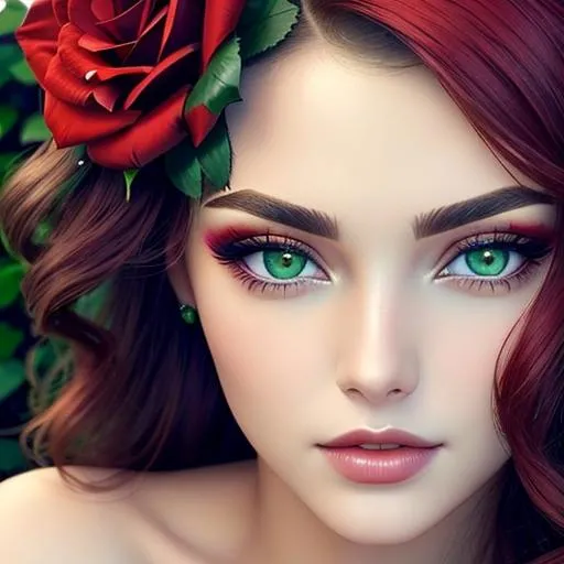 Prompt: Beauty, Beautiful and Gorgeous red roses in hair, green eyes,pretty makeup, facial closeup