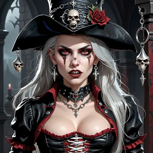Prompt: Ravenloft half-vampire female with long black-flowing, silver-highlighted hair. Her skin is pale, her eyes are shaped like cats eyes that are a little larger with blue-grey pupils. Her ears are lined with small hoop earrings. Her earlobes have skull charms dangling from them. She has her mouth opened in a wide snarl revealing large vampire fangs, her lips are dark crimson. Her clothes are black leather with a dark red and white laced corset. Her jewelry is dark with skull pendants. She has a deep scar on the left side of her chest. She is wearing a tricorn hat that is made of black leather, with red decor on it. 