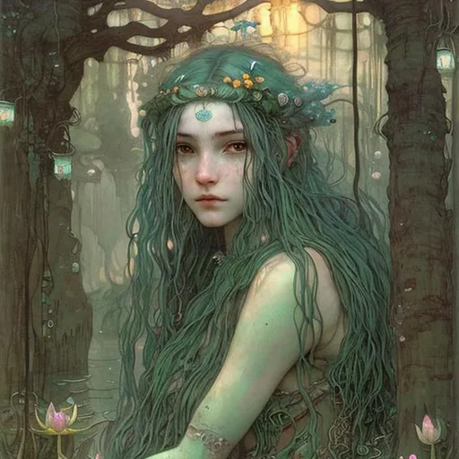 Prompt: Druid witch Girl with pretty detailed face and sea foam green hair in a swamp at sunset with peach water lilies and  hanging lanterns by John bauer high contrast John William Waterhouse high bloom concept art