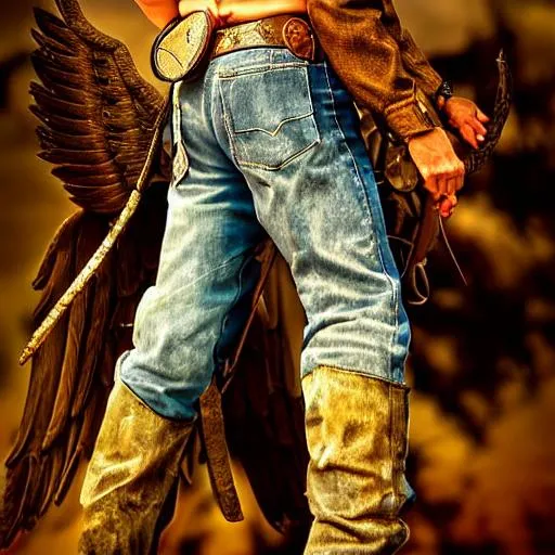 Prompt: A cowboy and angel standing back to back. Detailed wings. Nikon D90, hyper realistic, detailed photo