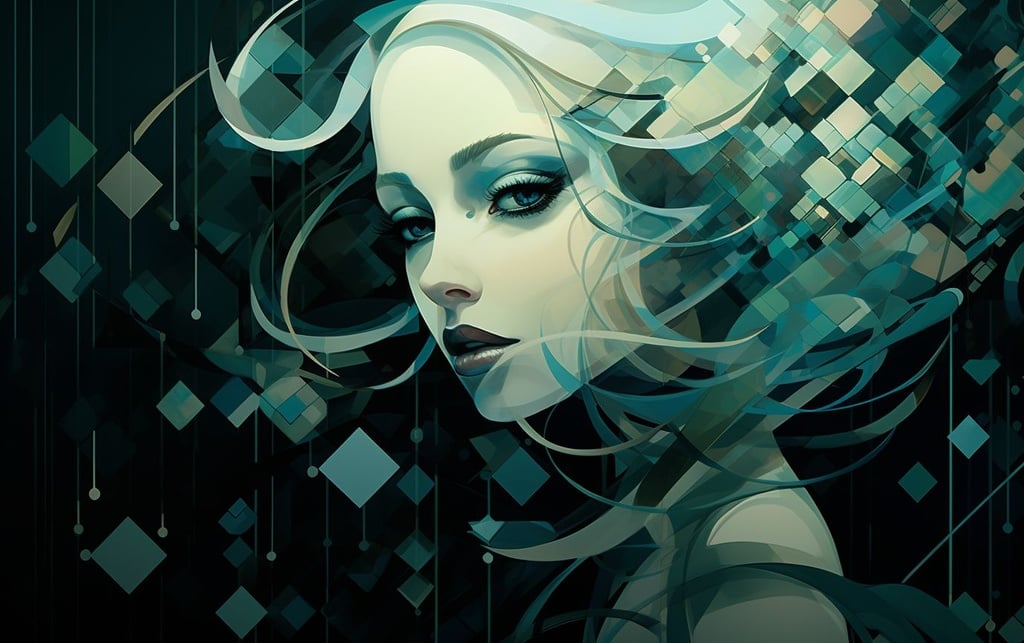 Prompt: Digital illustration by the globe's most renowned digital illustrator, influenced by geometric dreamlike designs, spray paint techniques, tranquil visages, lattice pattern, deep teal and pale shades, pronounced contrasts, womanly symbols